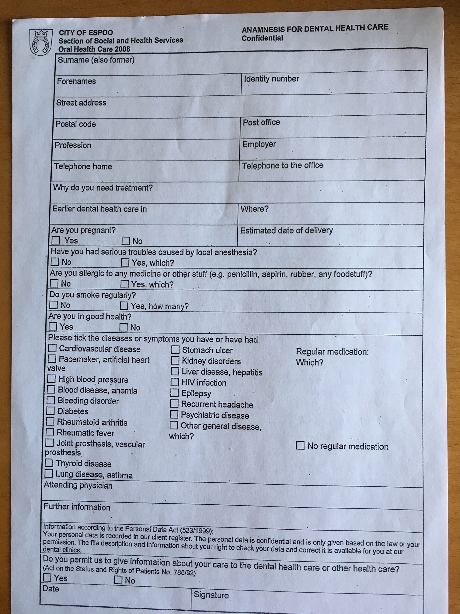 Espoo dentist infomation form